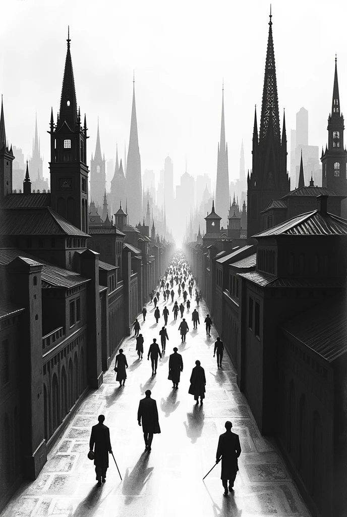 Black and white drawing theme:thus walks the world past and present city
