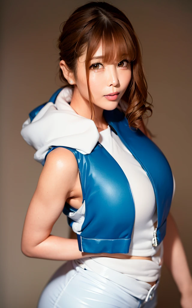 (8K, high resolution, Best Quality, top-quality, masutepiece:1.2)、((full body)), RAW portrait of japanese girl, (huge-breasted,:1.2), ((wearing blue sleeveless jacket, white shorts:1.5)), (Natural Detailed skin, Hyper-Realism, ultra sharpness), intricate detailes, depth of fields, Long black hair straight, Toned buttocks, solo, big eye, Distinct double eyelids, Lashes, long neck, face perfect, thin lips, a small face, (gazing at viewer, Highlights in the eyes, Light brown eyes, lipglosrom the side:1.5), a smile