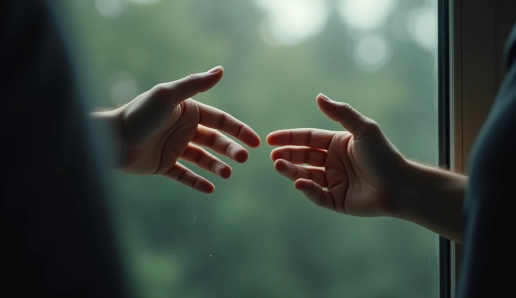A pair of hands almost touching, separated by a pane of glass