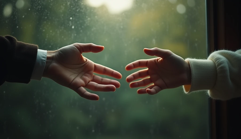 A pair of hands almost touching, separated by a pane of glass