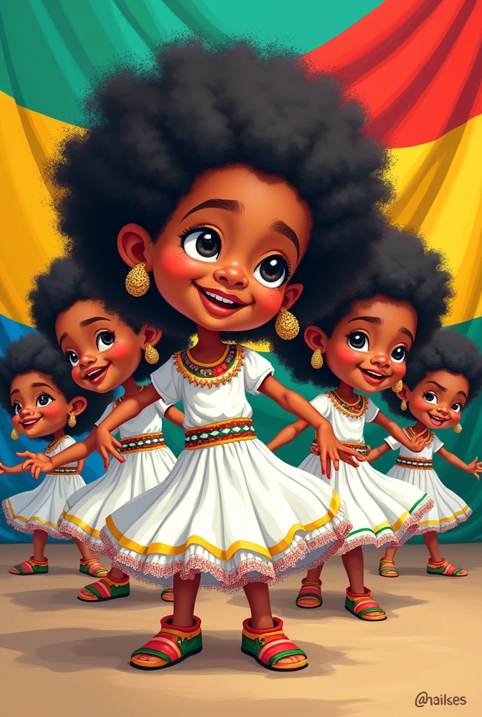 Caricature of children from the Yungas region of Bolivia dancing Afro-Bolivian saya wearing white. With a background of the Bolivian flag.