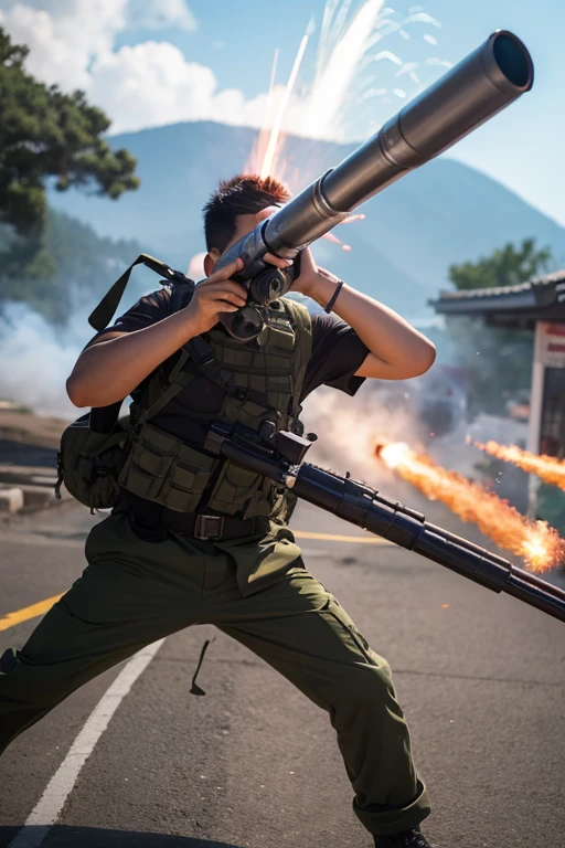 Iwao,Wielding a bazooka in one hand,Firing energy blasts