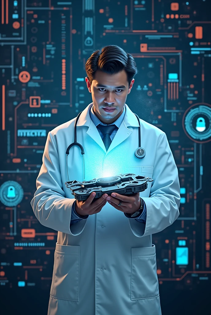 A central image of a scientist holding a futuristic multi-tool, which represents AI, with several visible functions (such as a magnifying glass, Balance, padlock, etc.), suggesting that it is a powerful tool, more than it demands caution.
Technology elements such as circuits and data floating around the central character.
Use of modern and contrasting colors to highlight the importance of messages, with a clean and futuristic aesthetic