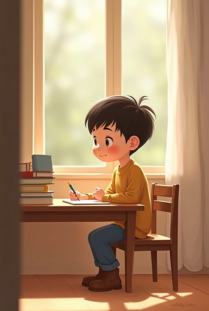 Child studying sitting at the table with books and smiling simply and without so many elements 