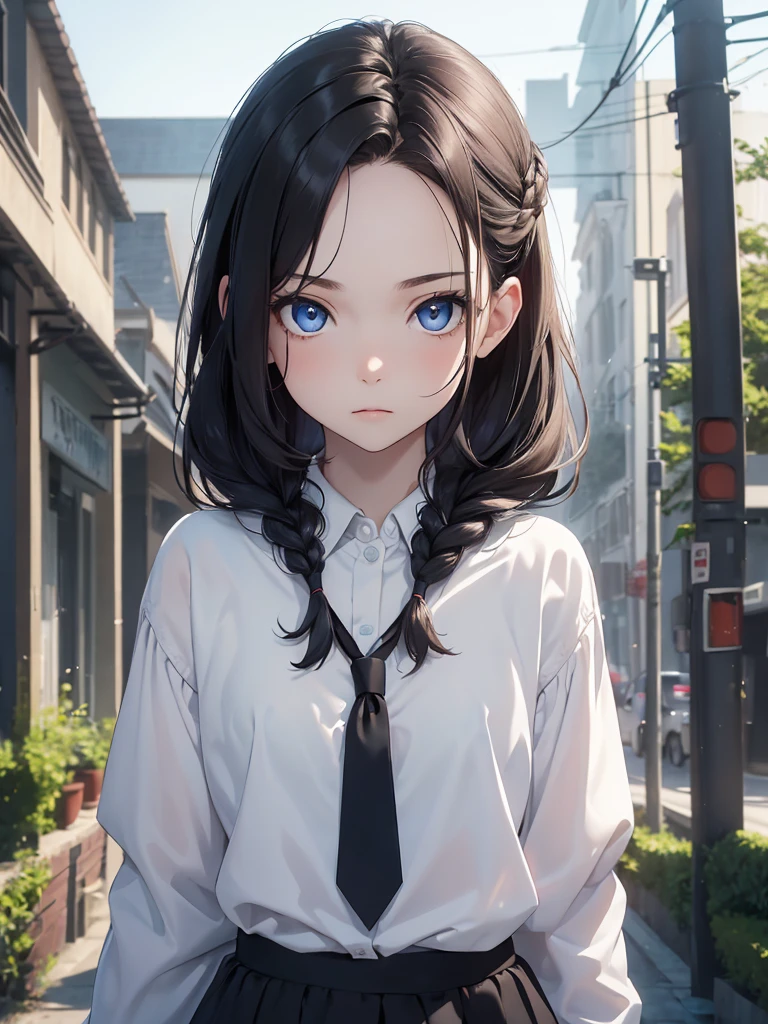 (8K, Best Quality, Masterpiece, Ultra High Resolution) Single Person, 1 Girl, Child, Young, Cute Eyes, Face Details, Pale Skin, Slender, Short, Flat Chest, Dark Black Hair, Long Hair, Braided Hair, Blue Eyes, School Outfit, Standing Outside, Best Quality, Upper Body, Looking at the Viewer, Facing Viewer, Close Up