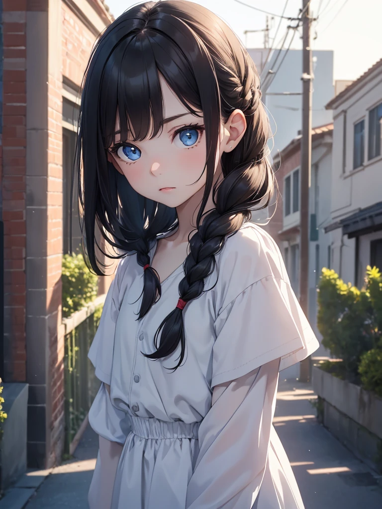 (8K, Best Quality, Masterpiece, Ultra High Resolution) Single Person, 1 Girl, Child, Young, Cute Eyes, Face Details, Pale Skin, Slender, Short, Flat Chest, Dark Black Hair, Long Hair, Braided Hair, Blue Eyes, School Outfit, Standing Outside, Best Quality, Upper Body, Looking at the Viewer, Facing Viewer, Close Up