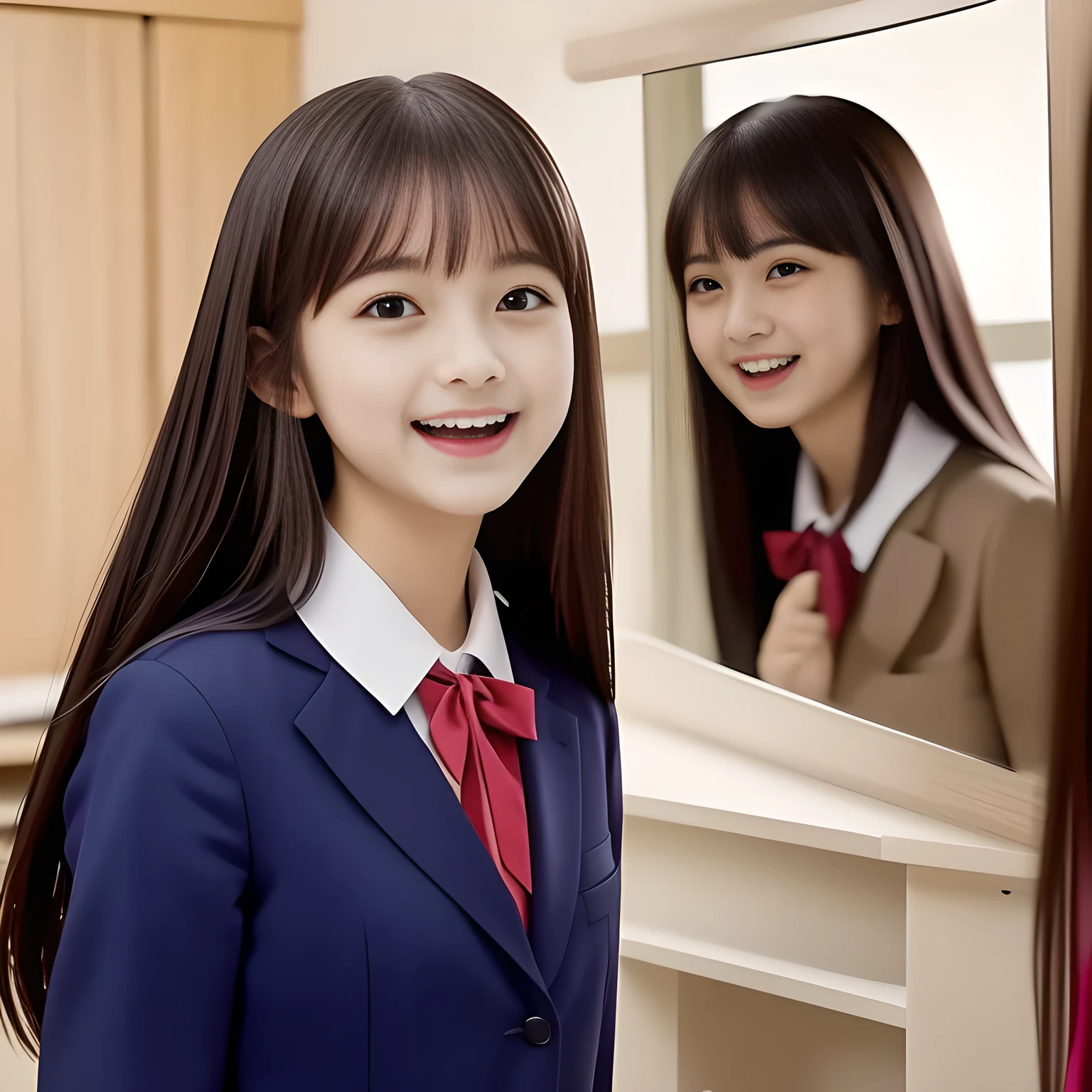 (highest quality, masterpiece, high resolution:1.2), 4K, (Photo quality detailed face: 1.4), (Giorgione painting style: 0.8), geometry, ( yo cute girly Japanese girl is turning her face to me and looking me in a mirror room: 1.2), All the walls are mirrors, Laughing cutely, (Dark red glossy school ribbon on the breast: 1.0), (Japanese school girly navy blazer uniform: 1.2), (Box-pleated school skirt: 1.4), (Extremely laughing cheeks: 1.0), (Beautiful light-amber cute-dolly clear eyes with detailed: 1.4), (Long bottom eyelashes: 1.2), (Expressing the greatest joy with her whole body: 1.2), (Glossy lips: 1.0), (Super-straight super-long hair: 1.5), (white and clear skin: 1.0), (Promoting Shampoo: 1.2)