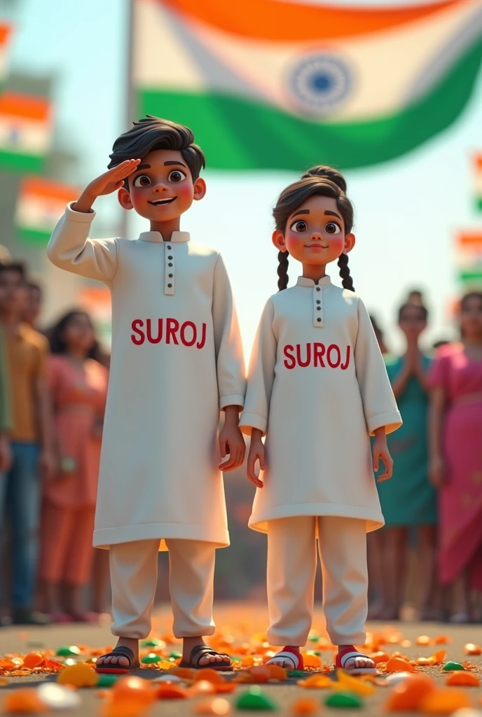 A real 18 year old Indian girl and boy named Cutee, standing proudly in front of the Indian flag, girl and boy wearing a white kurta with ‘SUROJ’ written on it. She is saluting the flag, and the background features a festive atmosphere with tricolor decorations and other people celebrating 