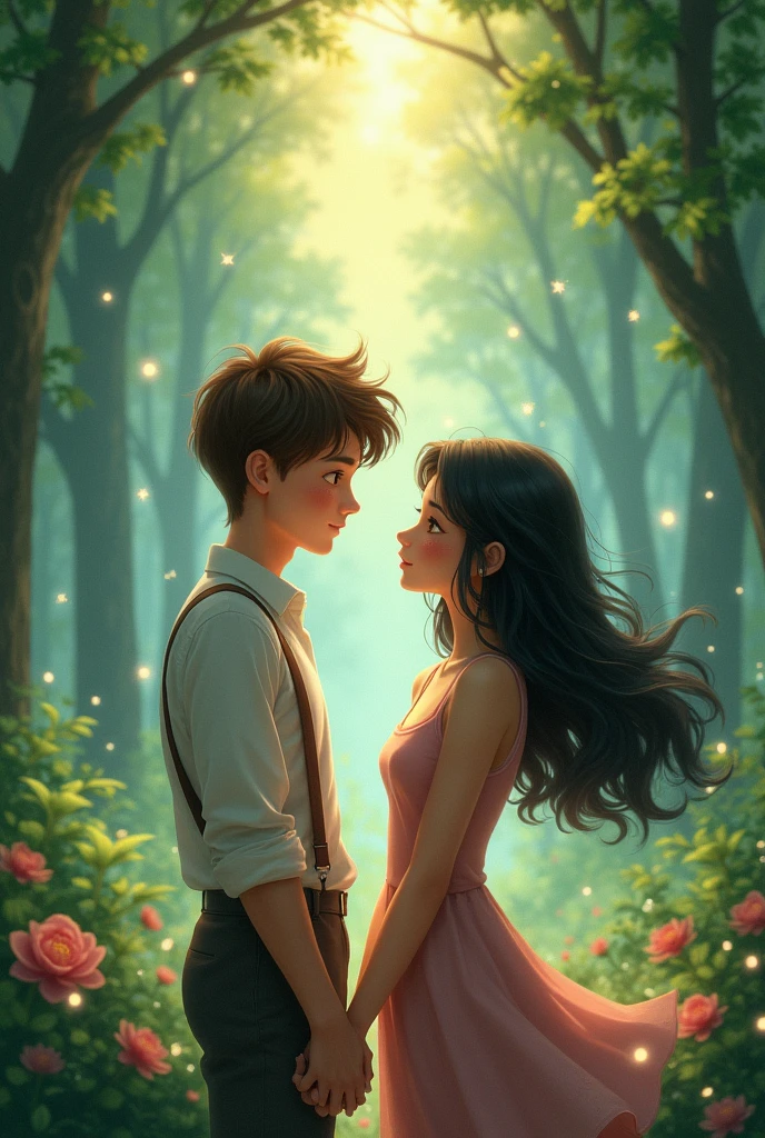 fantasy couple, young brown-haired man wearing suspenders and a young woman with black hair 