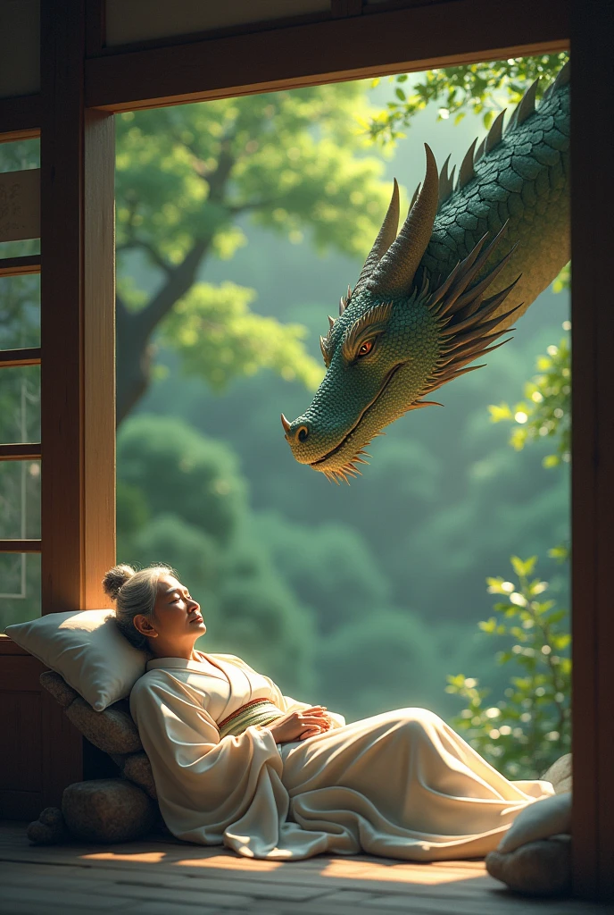 Happily sleeping in a kimono in a wooden Japanese Zen temple in the forest, grandma，A gentle, divine Eastern dragon watches over