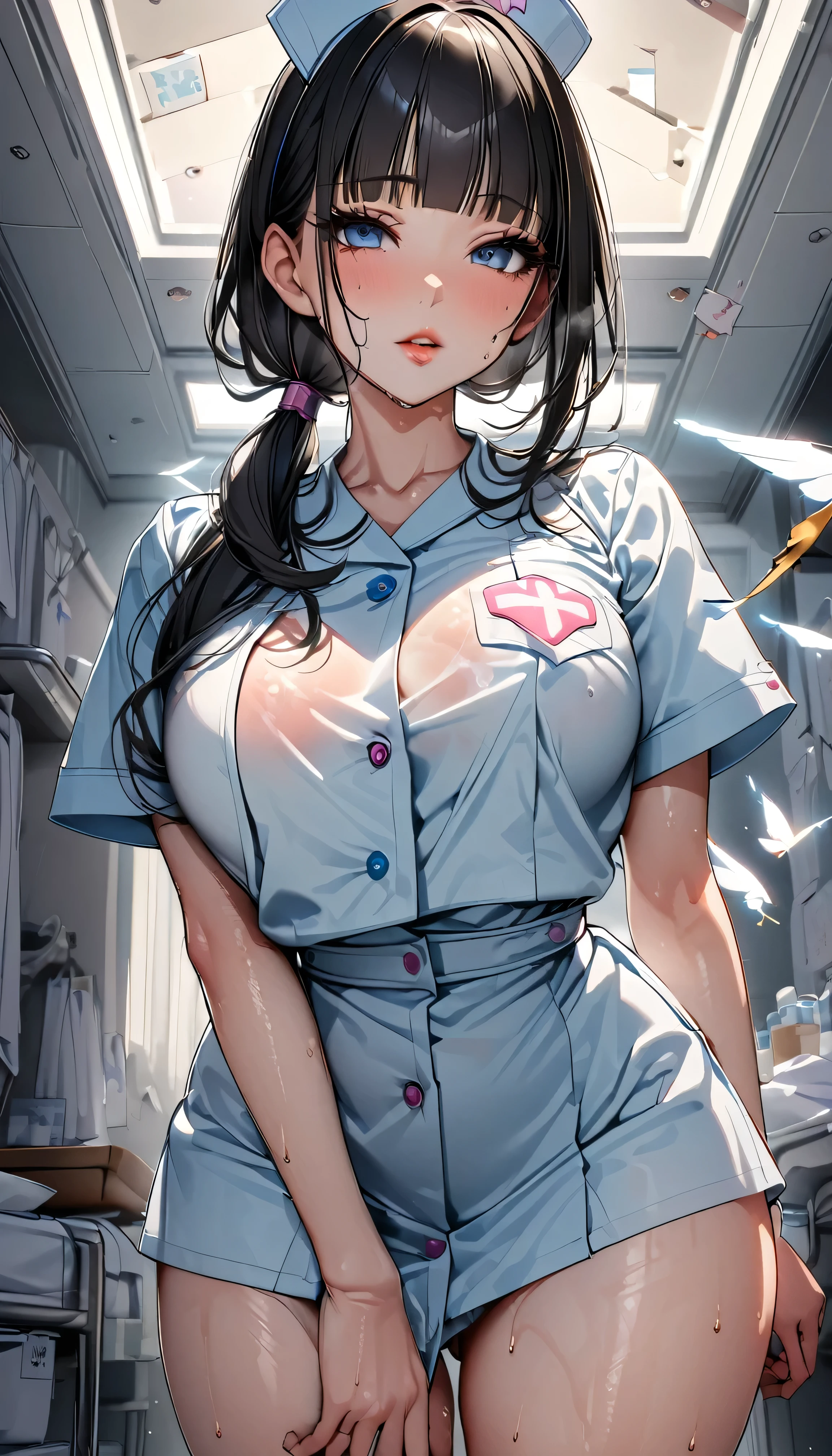 ((Highest quality, 8k, The pieces fly: 1.3)), beauty, One Japan, nurse, whole body, Perfect Anatomy, Are standing, Black Hair, Blunt bangs, Low ponytail, 20-year-old, Face Focus, Detailed face, Highly detailed lips, Beautiful Eyes, Sweaty skin: 1.2, nurse uniform, Light blue dress, nurse cap,