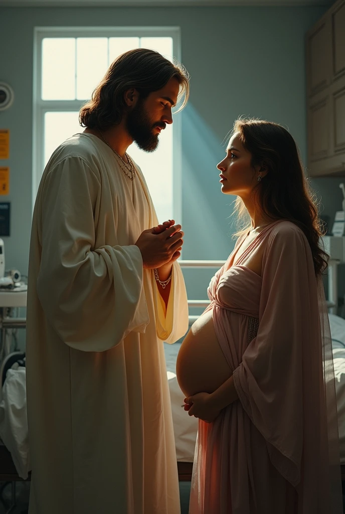 Jesus next to a pregnant woman in a hospital about to give birth