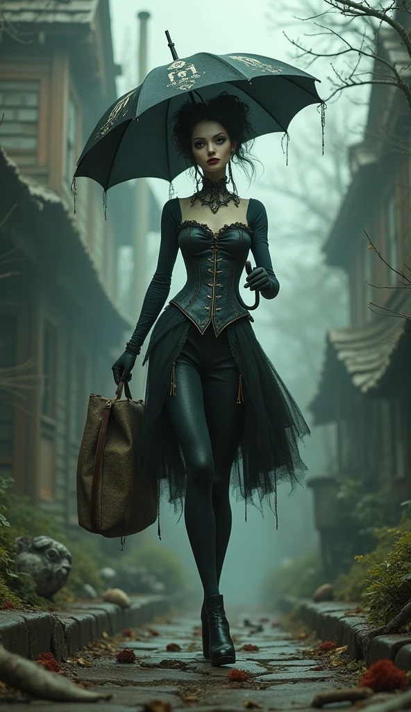 "Create a surreal and twisted version of Mary Poppins in the style of Tim Burton.  She wears tight, form-fitting corset with eerie patterns and symbols, her (O N O ) standing out as oddly exaggerated features. Imagine her with elongated limbs, a hauntingly whimsical umbrella, and a mischievous grin.Show her navigating a surreal dreamscape, where every step is a whimsical nightmare waiting to unfold." bad-picture-chill-75v