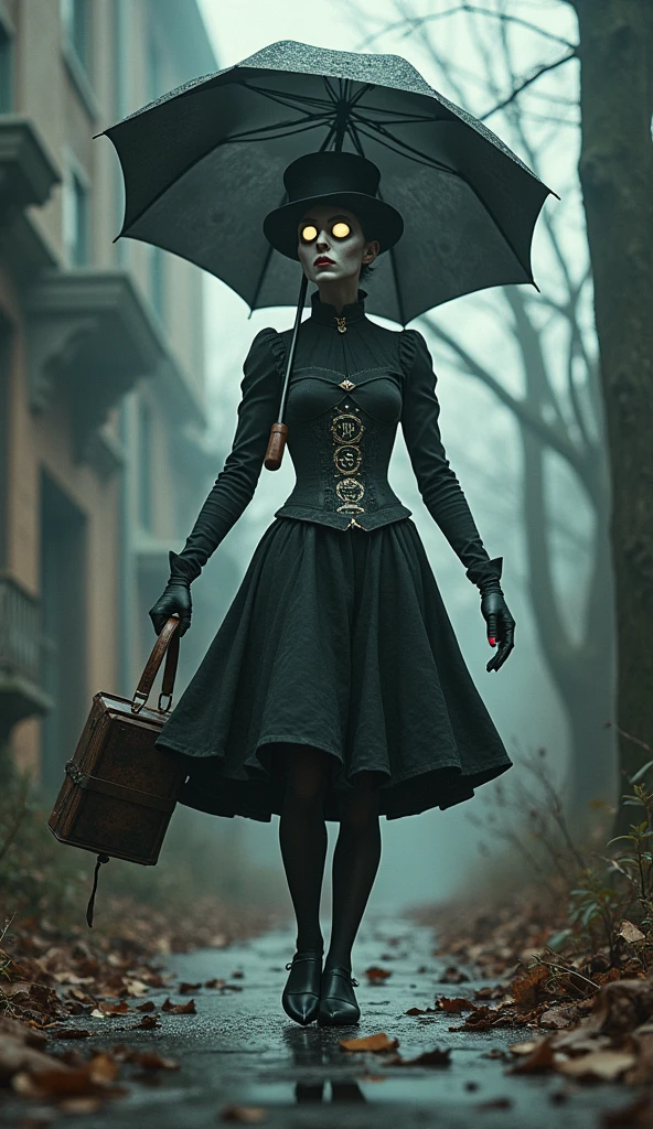 "Create a surreal and twisted version of Mary Poppins in the style of Tim Burton.  She wears tight, form-fitting corset with eerie patterns and symbols, her (O N O ) standing out as oddly exaggerated features. Imagine her with elongated limbs, a hauntingly whimsical umbrella, and a mischievous grin.Show her navigating a surreal dreamscape, where every step is a whimsical nightmare waiting to unfold." bad-picture-chill-75v