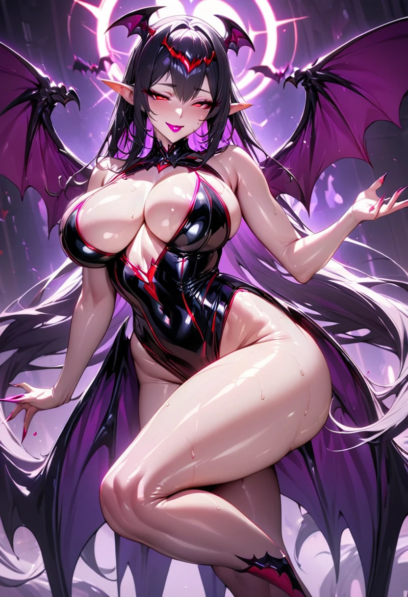 1 young beautiful woman,(Highest quality,Extremely detailed depiction,Incredibly absurd high resolution,Anatomically accurate depiction,Curvy Legs),(Glowing Skin,Shiny skin,Porcelain-like skin),(A monster based on a bat:1.5,Shiny latex,A member of an evil organization,),eyelash,Sweat,(Red Eyes,Vertically drawn pupils,Large Breasts,A captivating smile,Glossy lipstick,Flashy makeup,Seductive gestures,Half-closed eyes:1.3),whole body,Pointy Ears,Large bat wings,