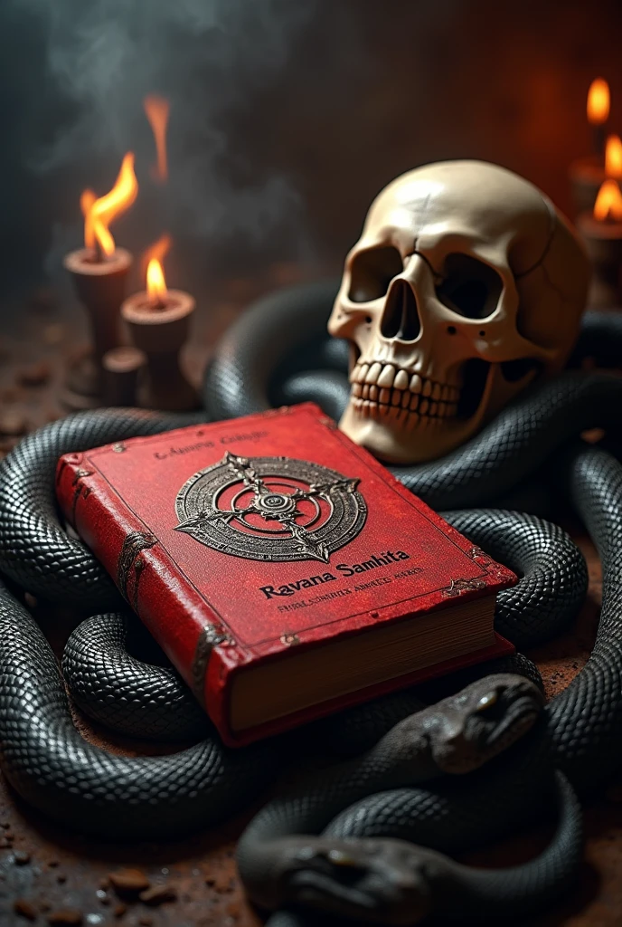A red colour book placed near the skeleton head  and fire. Ravana samhita writen on the cover of book. Many snakes near the book 
