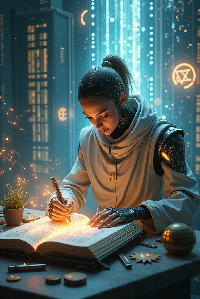 an image that represents a book being written in 90 days. Technological and magician archetypes can be used. futuristic vision. 