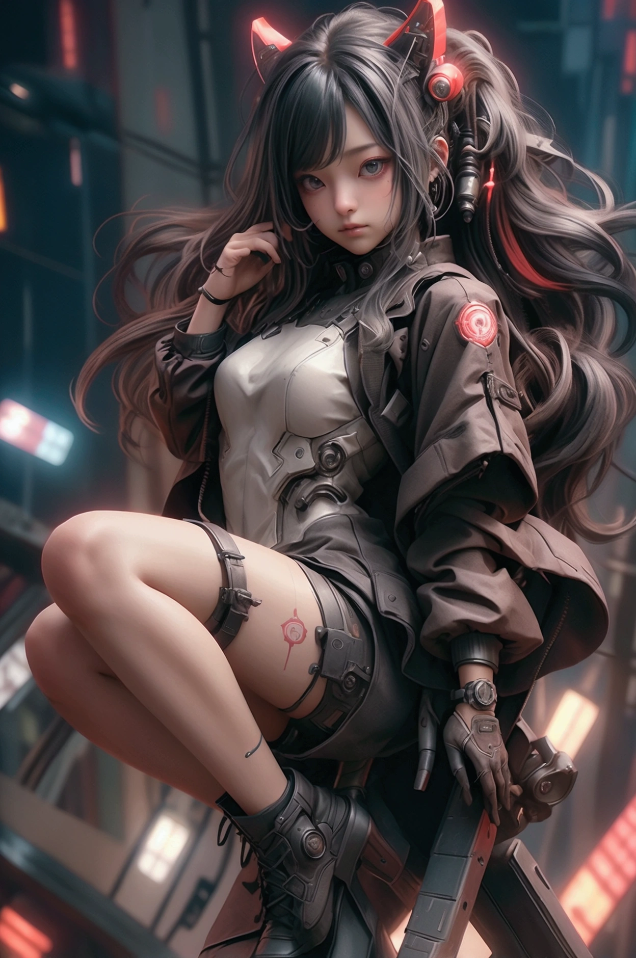 whole body、Extremely high angle、whole body、Beautiful girl flying in the sky、Flying Pose、Half machine body、Neck of the machine、Left arm of the machine、Left leg of the machine、Background overlooking the city、Dark City、Red Neon、Black and red color image、contrast、Black clothes、Futuristic Suit、Large size raincoat、Thick-soled boots、Realistic texture、Hair blowing in the wind、Backlight、