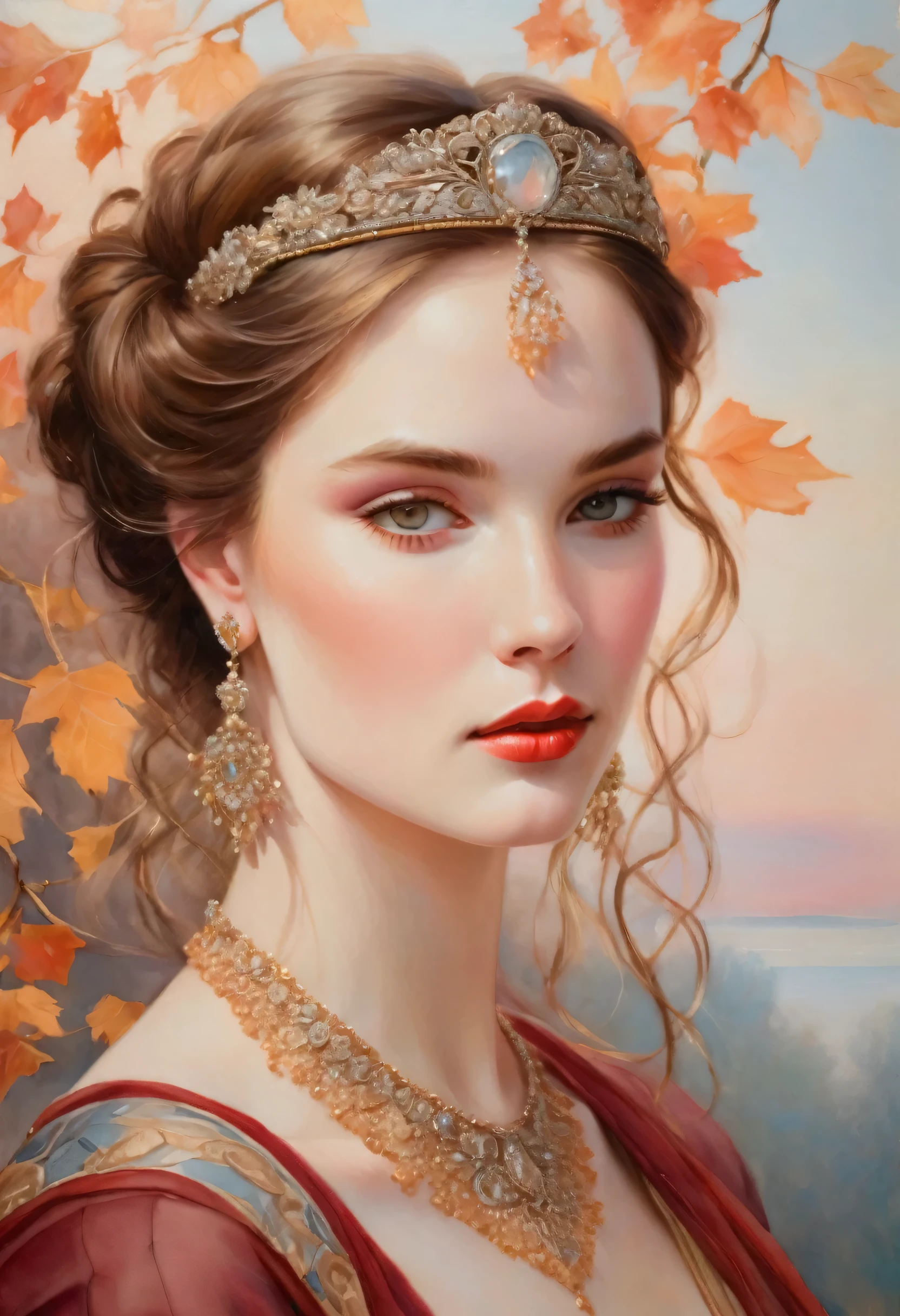 "An art nouveau style painting in soft pastel tones depicts a beautiful woman with pale eyes, detailed eyelashes and meticulously shaped eyebrows. Her face is exquisitely detailed, with a full mouth, almost pale skin accentuated by a soft blush. Her long brown hair highlights cascade gracefully over exposed shoulders, (((perfect body from the knee up))), dynamic pose, catching the golden light of the hour that adds a soft glow. She wears a delicate silver, red stone tiara with matching earrings. and a necklace adorned with dried flowers and leaves are subtly interwoven into her look, highlighting her ethereal presence. capturing the delicate beauty and serene elegance of the moment.