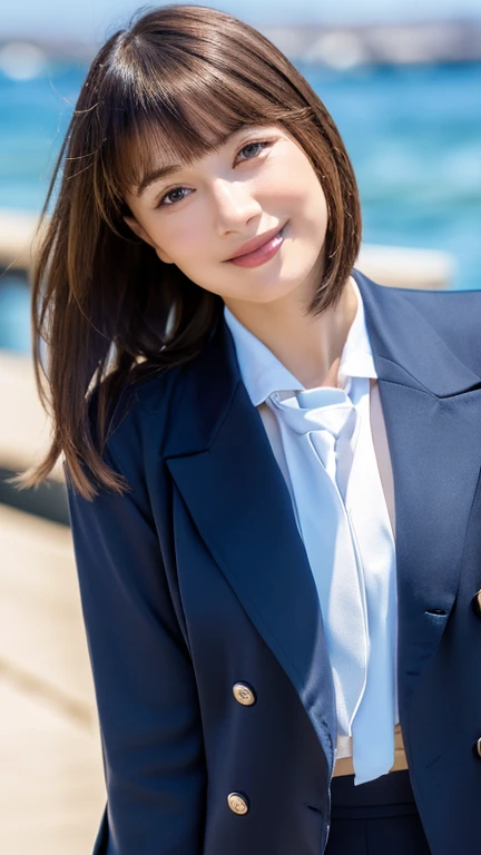 Highest quality, masterpiece, Realistic, RAW Photos, High resolution, Intricate details,Very detailed, Japanese Beauty, Attractive eyes, (Periorbital puffiness), Straight hair, Bright smile, Asymmetrical bangs, Light brown hair, Bob Hair,  (A dark navy double-breasted blazer:1.3), (White shirt with navy blue tie), (Navy blue tight skirt), Black pumps,  (firm and youthful breasts), G-cup breasts, Translucent white skin, (Breasts are exposed:1.3), (Nipples are exposed), background, harbor, blue sea, 8k, full body