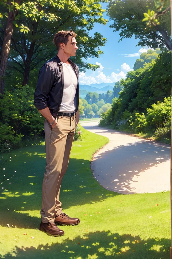 male, Brown Hair, short, 45 years old in a beautiful landscape, Realistic shapes