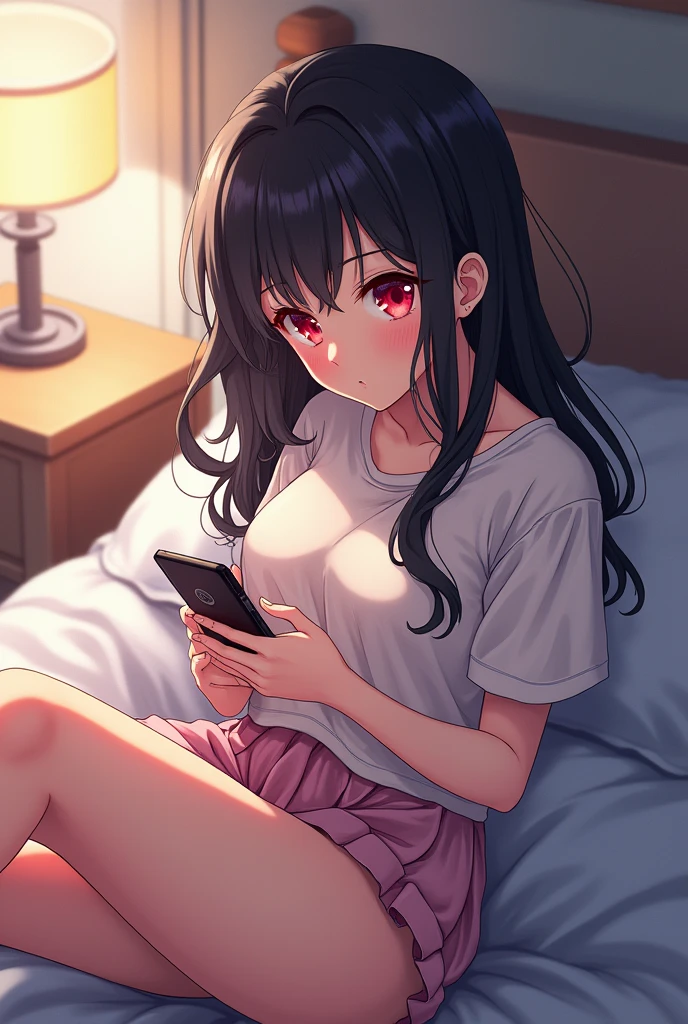 A anime Girl with black hair and red pupils，Wearing cartoon informal dress , Sitting on bed, on mobile phone call 