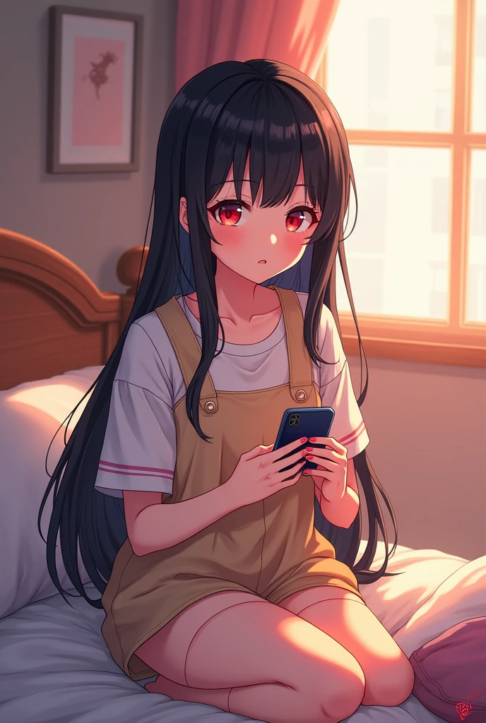 A anime Girl with black hair and red pupils,Wearing cartoon informal dress , Sitting on bed, on mobile phone call
