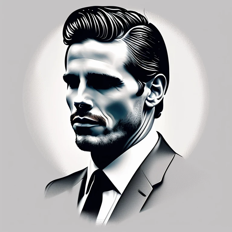 t-shirt designer, stylized modern vector art, (white background), vector, design, (a close-up of a man in a suit making a face), Patrick Bateman), in American Psycho (1 9 9 9),, ,,(Christian Bale), (smug smile).(minimalist),.few details,colors (black and white).
