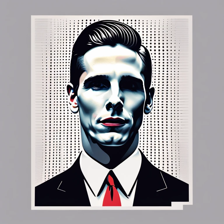 t-shirt designer, stylized modern vector art, (white background), vector, design, (a close-up of a man in a suit making a face), Patrick Bateman), in American Psycho (1 9 9 9),, ,,(Christian Bale), (smug smile).(minimalist),.few details,colors (black and white).
