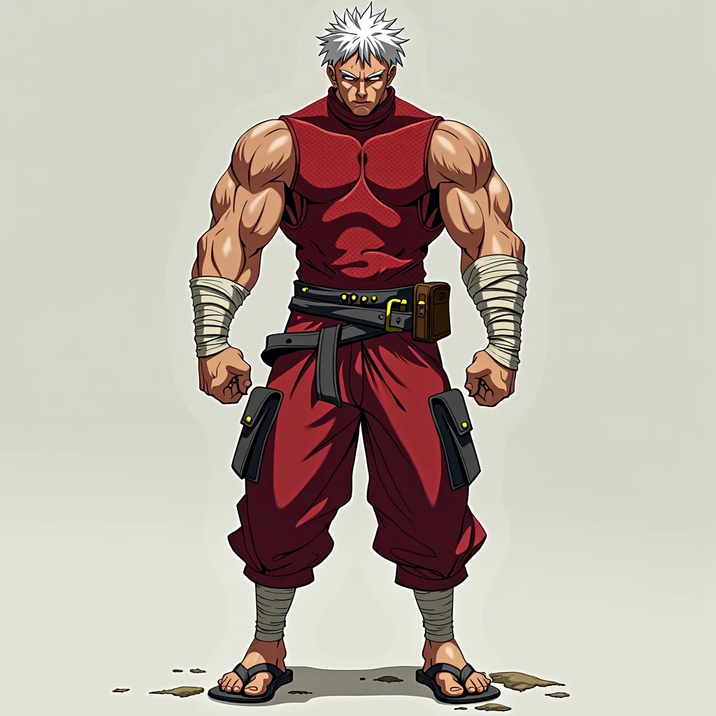 a dynamic illustration of Munashi Kurotani, a young yet physically imposing 15-year-old character standing at 203 cm with a muscular build. He has pure white hair and eyes. Munashi is dressed in a tight-fitting, deep red shirt made from special mesh fabric with a high collar and no sleeves, paired with matching red, slightly loose combat pants. He wears dark-colored ninja sandals. Over his shirt, he dons a rugged combat jacket. His right arm features a bandaged hands, while both legs have hip-pouches with additional bandages wrapped around them. Capture him in a reflective or intense training pose, emphasizing his immense physical strength. The overall mood should convey his formidable presence.