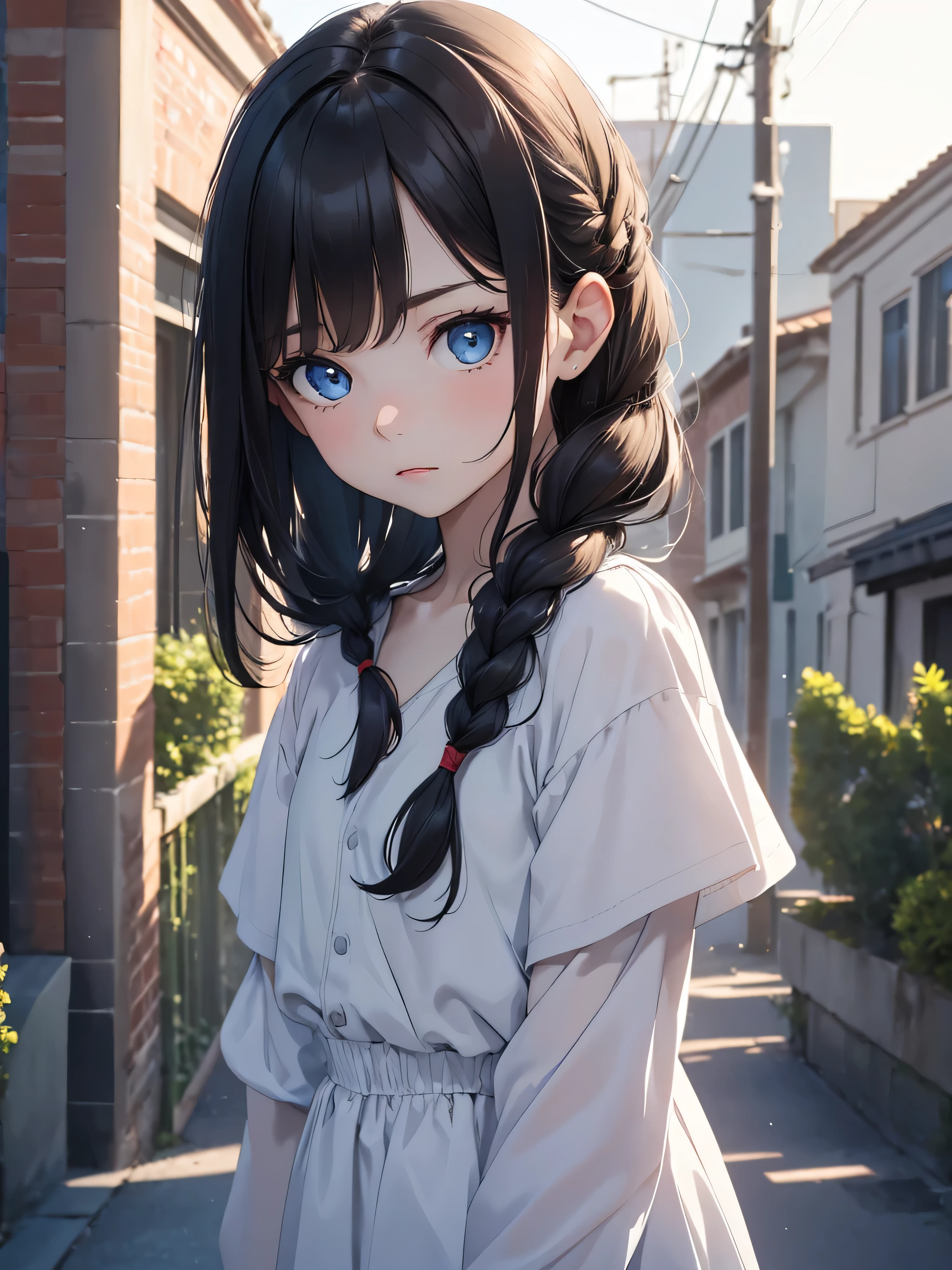 (8K, Best Quality, Masterpiece, Ultra High Resolution) Single Person, 1 Girl, Child, Young, Cute Eyes, Face Details, Pale Skin, Slender, Short, Flat Chest, Dark Black Hair, Long Hair, Braided Hair, Blue Eyes, School Outfit, Standing Outside, Best Quality, Upper Body, Looking at the Viewer, Facing Viewer, Close Up