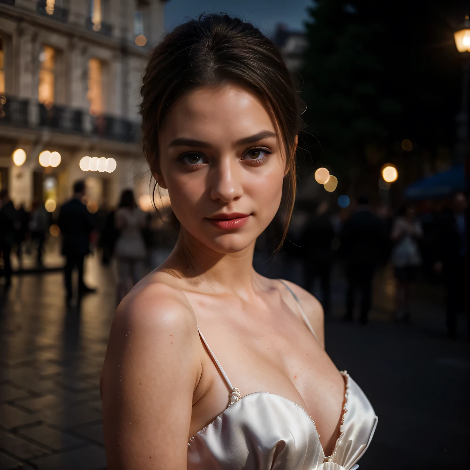 close up photo, A hyperrealistic DSLR close-up photo in Front of the Paris Opera, a beautiful dress, no human in the background, blurred background, hyperrealistic details, and cinematic lights, no humans, no peoples in backgraound
