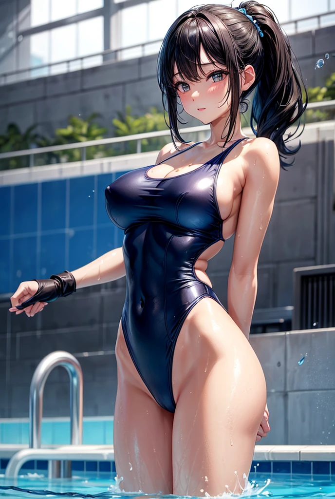 beautiful girl、Big Breasts、Great style、Nice body、Thinly-skinned abs、Blue swimsuit、High leg、leotard、Black Hair、Indoor swimming pool、Wet Skin
