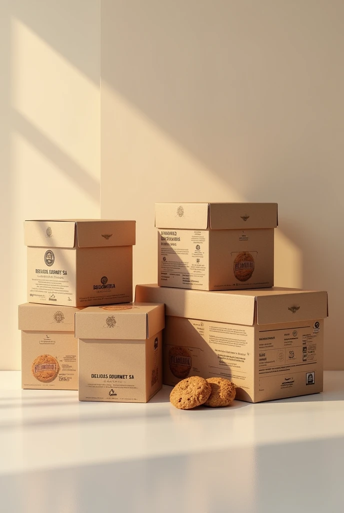 (photorealism:1.2), Show boxes with good packaging and packing FOR TRANSPORT and with instructions on how to handle the box. But these boxes should have the company name "DELICIAS GOURMET SA" that makes whole grain cookies with nuts



