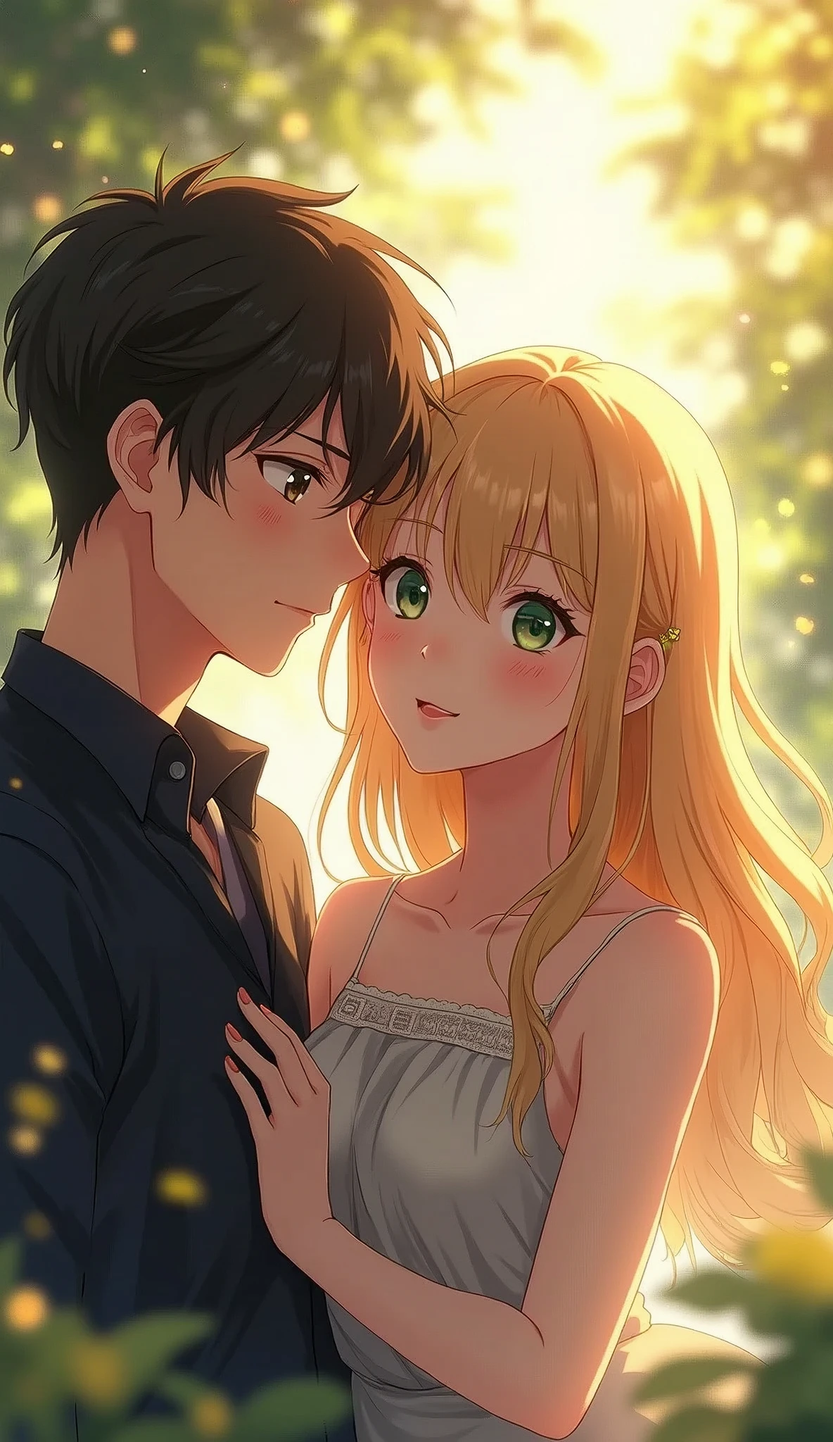 2.5D Masterpiece anime. A guy and a girl, both adults. The girl has long straight blonde hair and green eyes. The guy has short black hair and brown eyes. Looking at viewer.