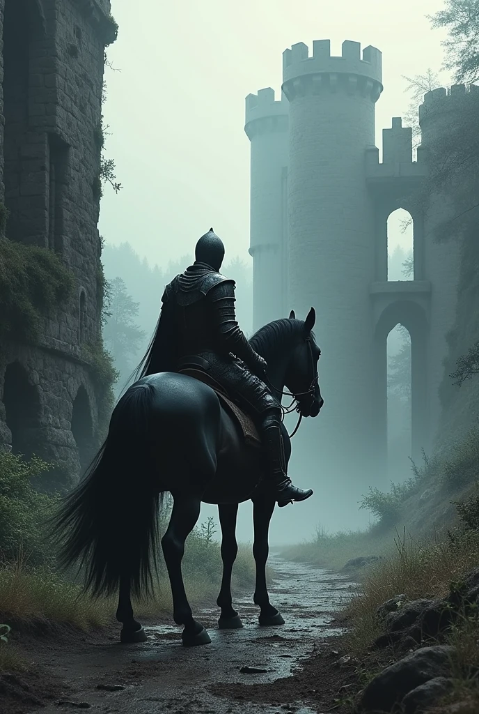 A deserted castle and a knight on a completely black horse