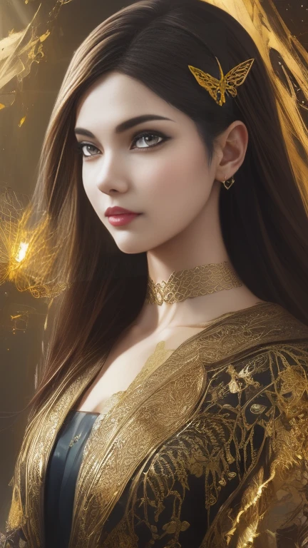 8k portrait of beautiful cyborg with brown hair, intricate, elegant, highly detailed, majestic, digital photography, art by artgerm and ruan jia and greg rutkowski surreal painting gold butterfly filigree, broken glass, (masterpiece, sidelighting, finely detailed beautiful eyes: 1.2), hdr,