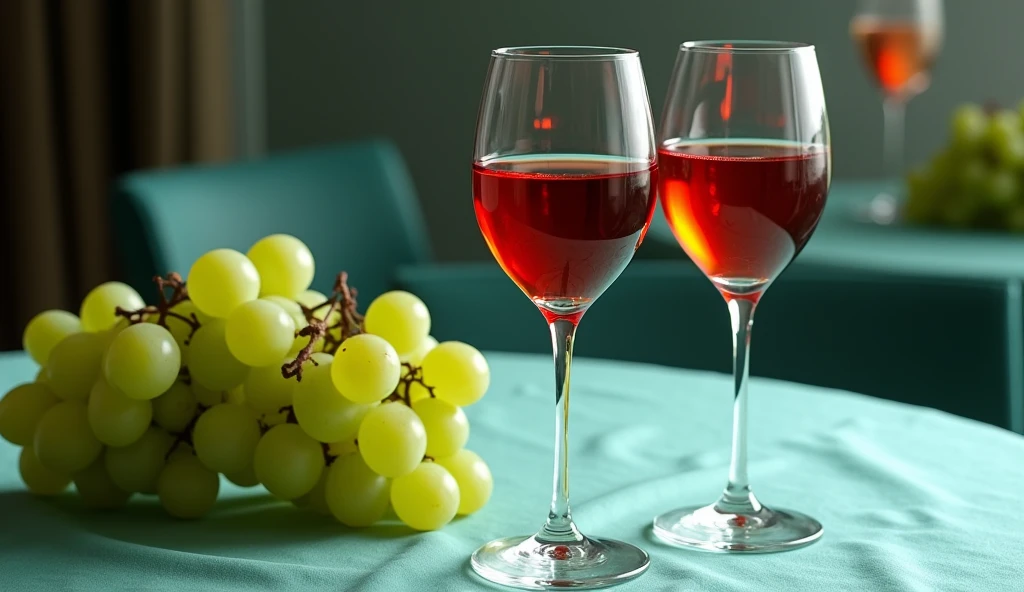An Ultra HD A side angle view of two ruby-red wine glasses, their stems elongated and elegant, half-filled with a crisp, yellow-green wine. They stand on a sea green table with a subtle, wave-like texture reminiscent of brushed silk. To the left, a opulent bunch of green grapes cascades over the edge of the table, some still attached to brown vine tendrils. The background is softly out of focus, hinting at a high-end restaurant or wine cellar setting. The image is captured in razor-sharp 4K resolution, with studio lighting that accentuates the curves of the glasses and the glossy skin of the grapes, creating an atmosphere of refined luxury.