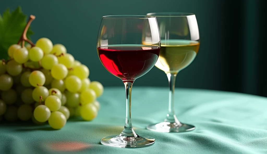 An Ultra HD A side angle view of two ruby-red wine glasses, their stems elongated and elegant, half-filled with a crisp, yellow-green wine. They stand on a sea green table with a subtle, wave-like texture reminiscent of brushed silk. To the left, a opulent bunch of green grapes cascades over the edge of the table, some still attached to brown vine tendrils. The background is softly out of focus, hinting at a high-end restaurant or wine cellar setting. The image is captured in razor-sharp 4K resolution, with studio lighting that accentuates the curves of the glasses and the glossy skin of the grapes, creating an atmosphere of refined luxury.