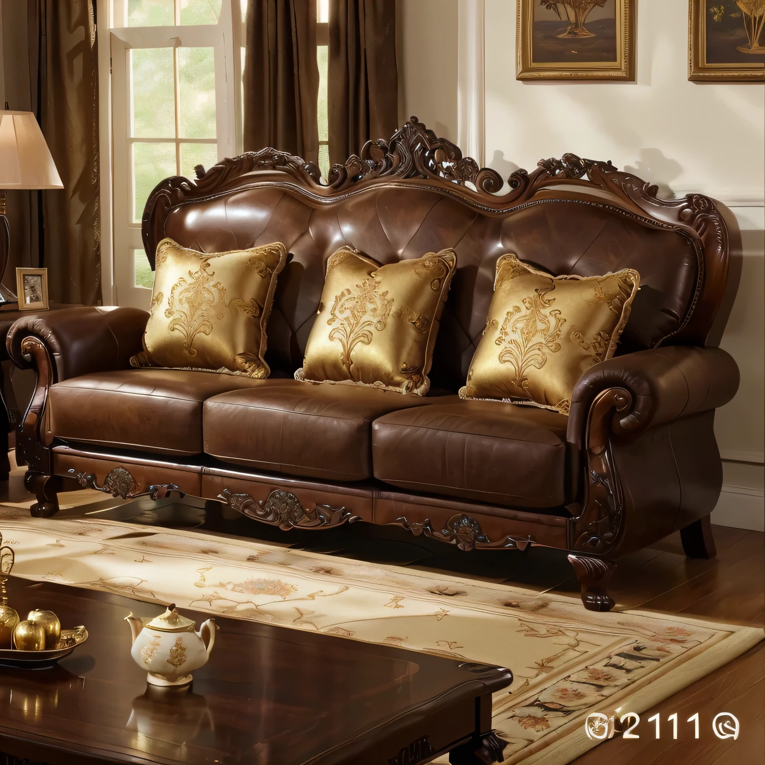 The image showcases a luxurious living room setting with a prominent brown leather sofa adorned with four matching gold-colored throw pillows. The sofa features an ornate design, including carved wooden arms and legs, and is positioned against a wall decorated with framed artwork. In front of the sofa is a wooden coffee table holding a teapot and two small bowls. A patterned area rug lies underneath the furniture, complementing the room's overall elegant and traditional style.