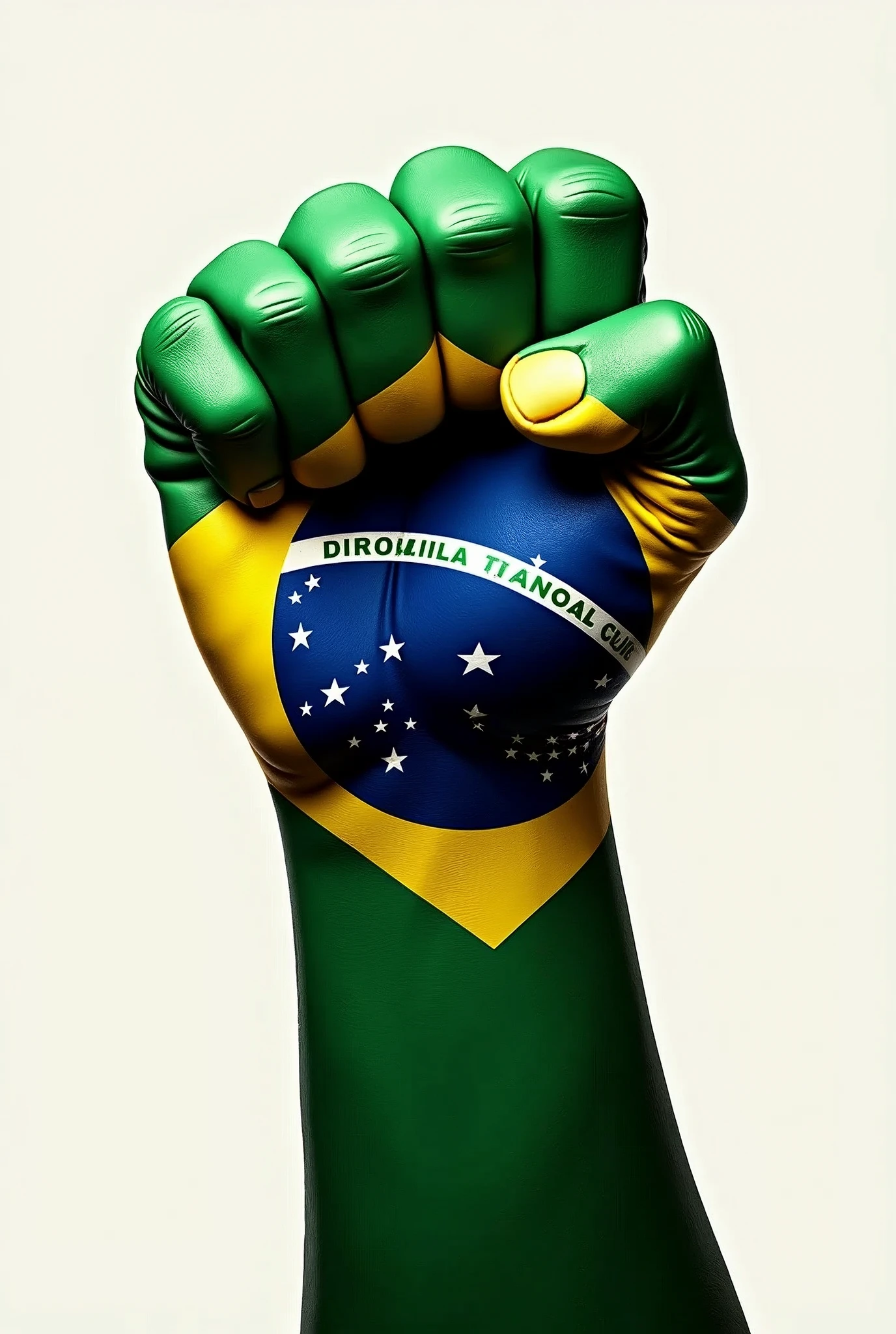 A closed hand covered with a Brazilian flag