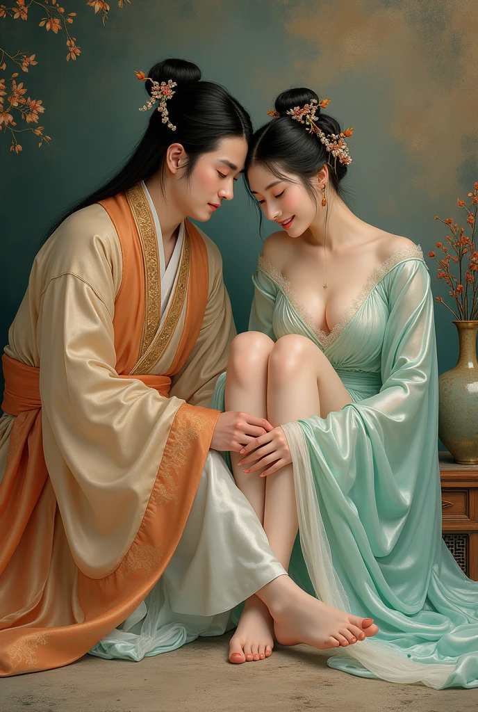 An ancient Chinese beauty is having her jade feet and soles played with by her husband. The beauty feels very ticklish.