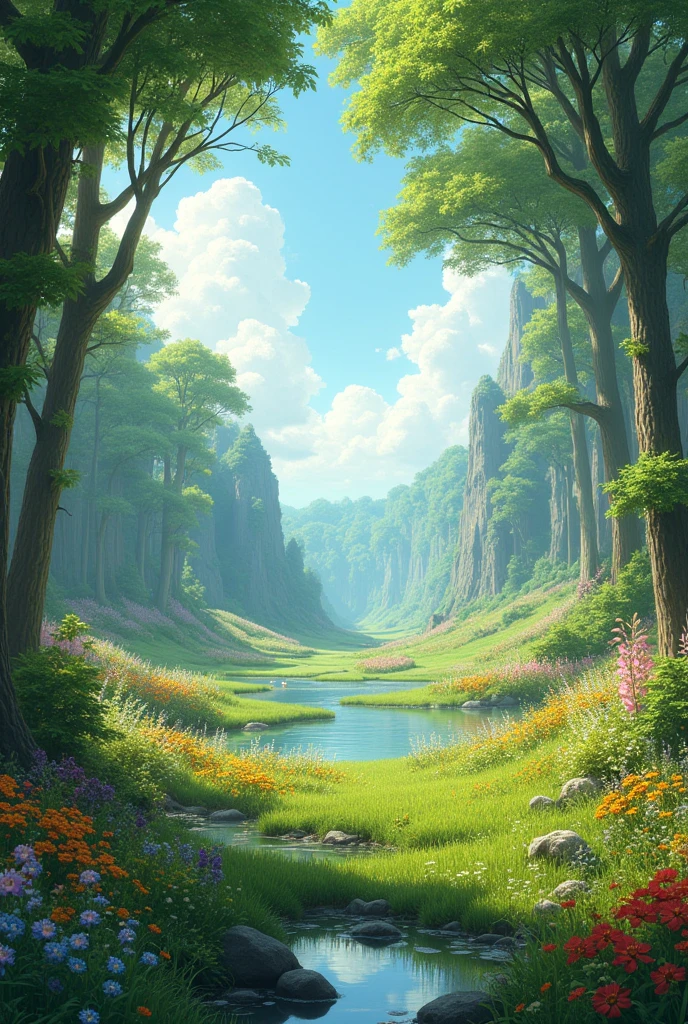 Create an image depicting a landscape that evokes hope, like the paradise described in the Holy Bible.
