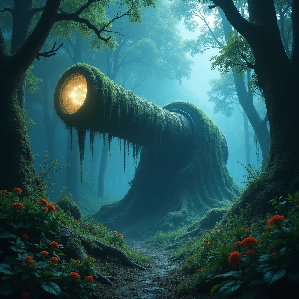 (Giant Weapon), A huge magical cannon hidden deep in the dense forest. This cannon is woven from ancient trees and vines, and the muzzle emits a faint blue light. There are flickering elves floating in the surrounding air, and trees and flowers emit a faint fluorescence. The entire scene is filled with a mysterious and peaceful fantasy atmosphere. Beautiful cinematic lighting, surreal, RAW photo, color graded, dynamic movement, captivating chiaroscuro, (special effects:0.1), full body, award-winning, cinematic still, emotional, vignette, dynamic, vivid, (masterpiece, best quality, photorealistic, Professional, perfect composition, very aesthetic, absurdres, ultra-detailed, intricate details:1.3)