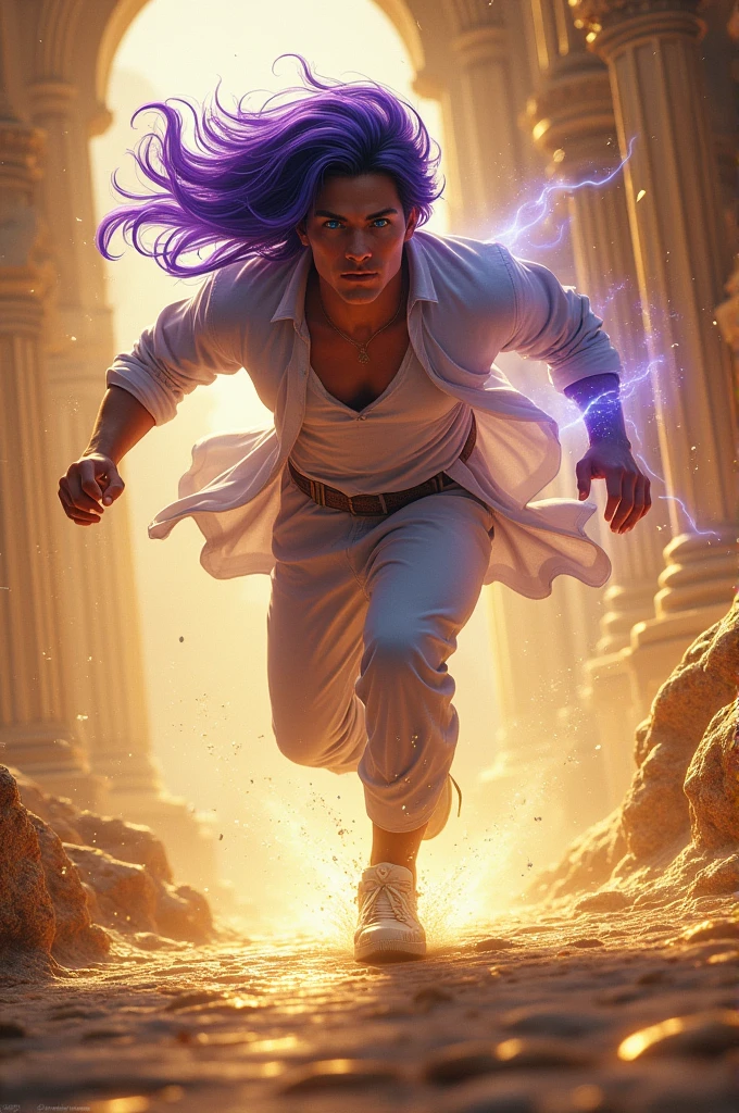 Male, twenties, blue eyes, purple hair, speed power, golden kingdom