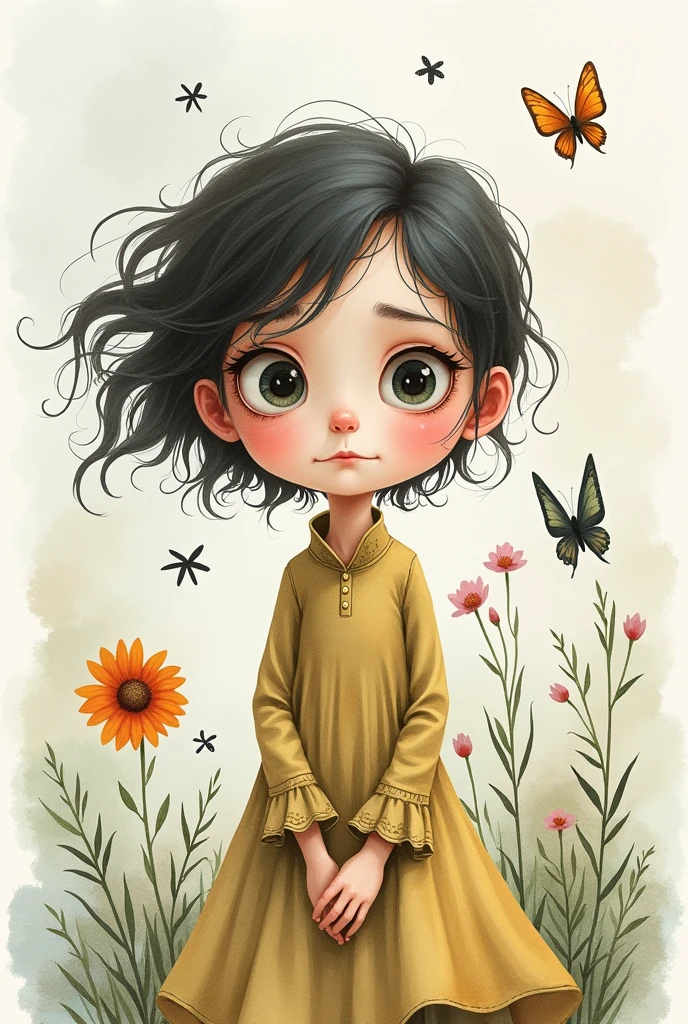Watercolor style, 16:9 frame, style of tim burton artwork. 11 year old girl, curious smile, a bit shy but bright eyed.