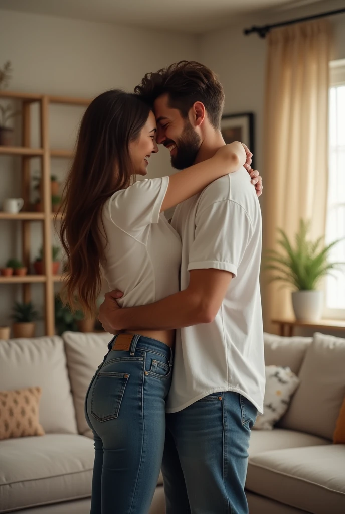 A man hugging a slim brunette woman wearing jeans and a white shirt is happy in the living room.