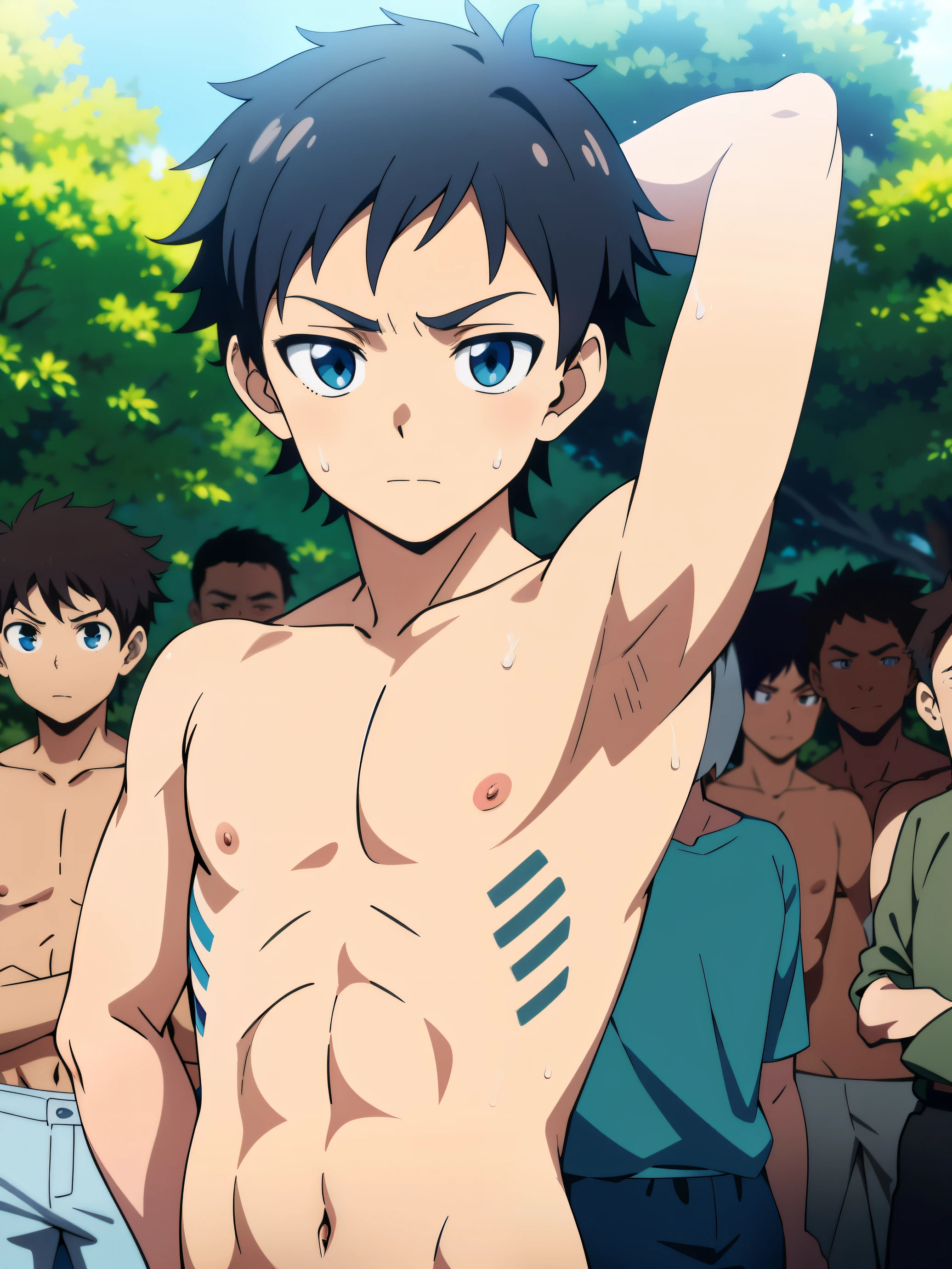 Anime style, Highres, Masterpiece, Best quality at best,Best Quality,hight quality, hight detailed, 1boy, (**********s), (armpit), sweating, shota, outdoors, (surrounded by many people, in the public eye), in the camera's portrait, shirtless, topless, bare chest, seductive face, cute boy, upper body, slim body