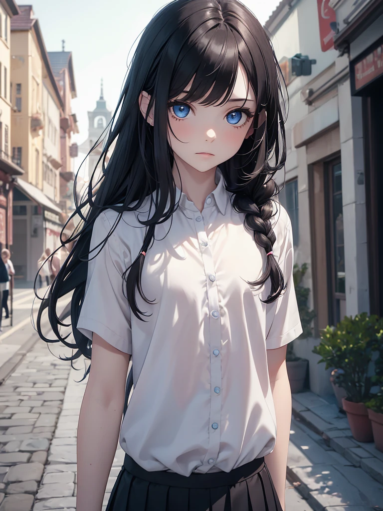 (8K, Best Quality, Masterpiece, Ultra High Resolution) Single Person, 1 Girl, , Young, Cute Eyes, Face Details, Pale Skin, Slender, Short, Flat Chest, Dark Black Hair, Long Hair, Braided Hair, Blue Eyes, School Outfit, Standing Outside, Best Quality, Upper Body, Looking at the Viewer, Facing Viewer, Close Up