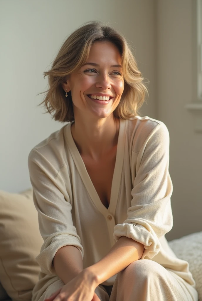 A 40-year-old woman sitting and touching her legs, very happy 